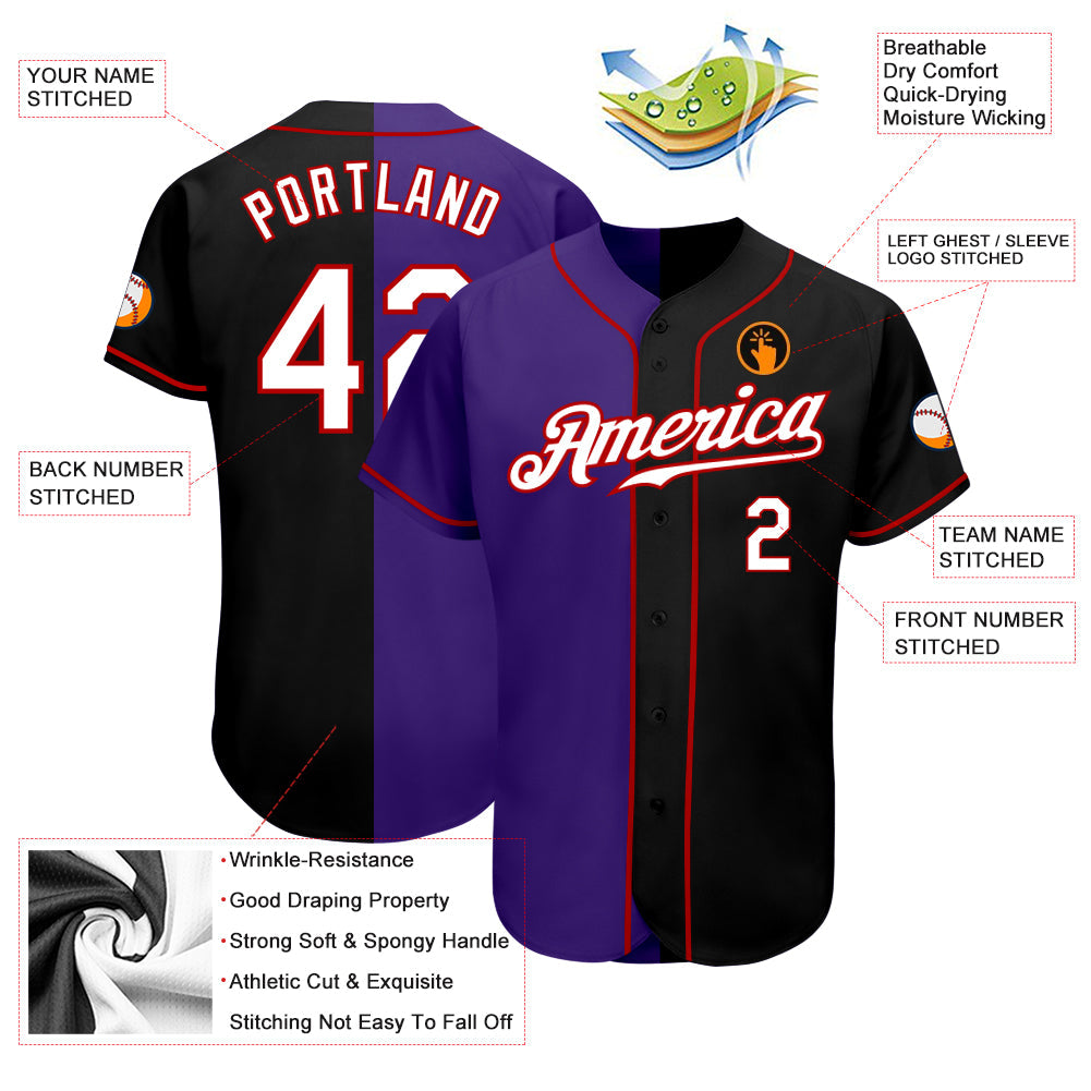 Custom Black White-Purple Authentic Split Fashion Baseball Jersey view 3