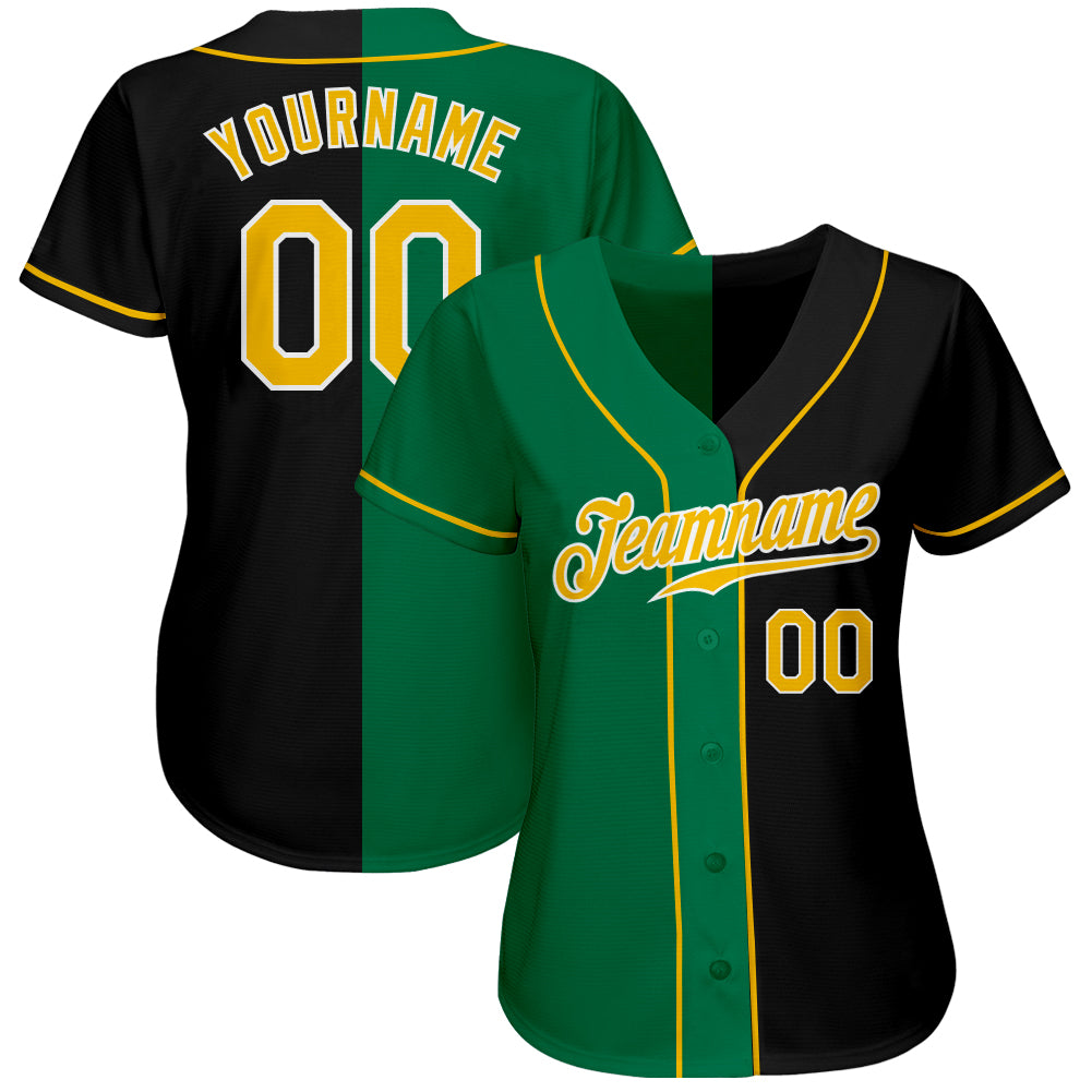 Custom Black Gold-Kelly Green Authentic Split Fashion Baseball Jersey view 2