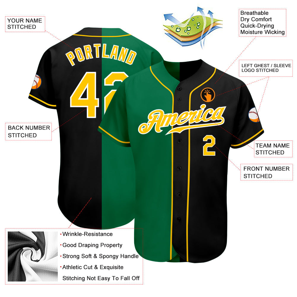Custom Black Gold-Kelly Green Authentic Split Fashion Baseball Jersey view 3