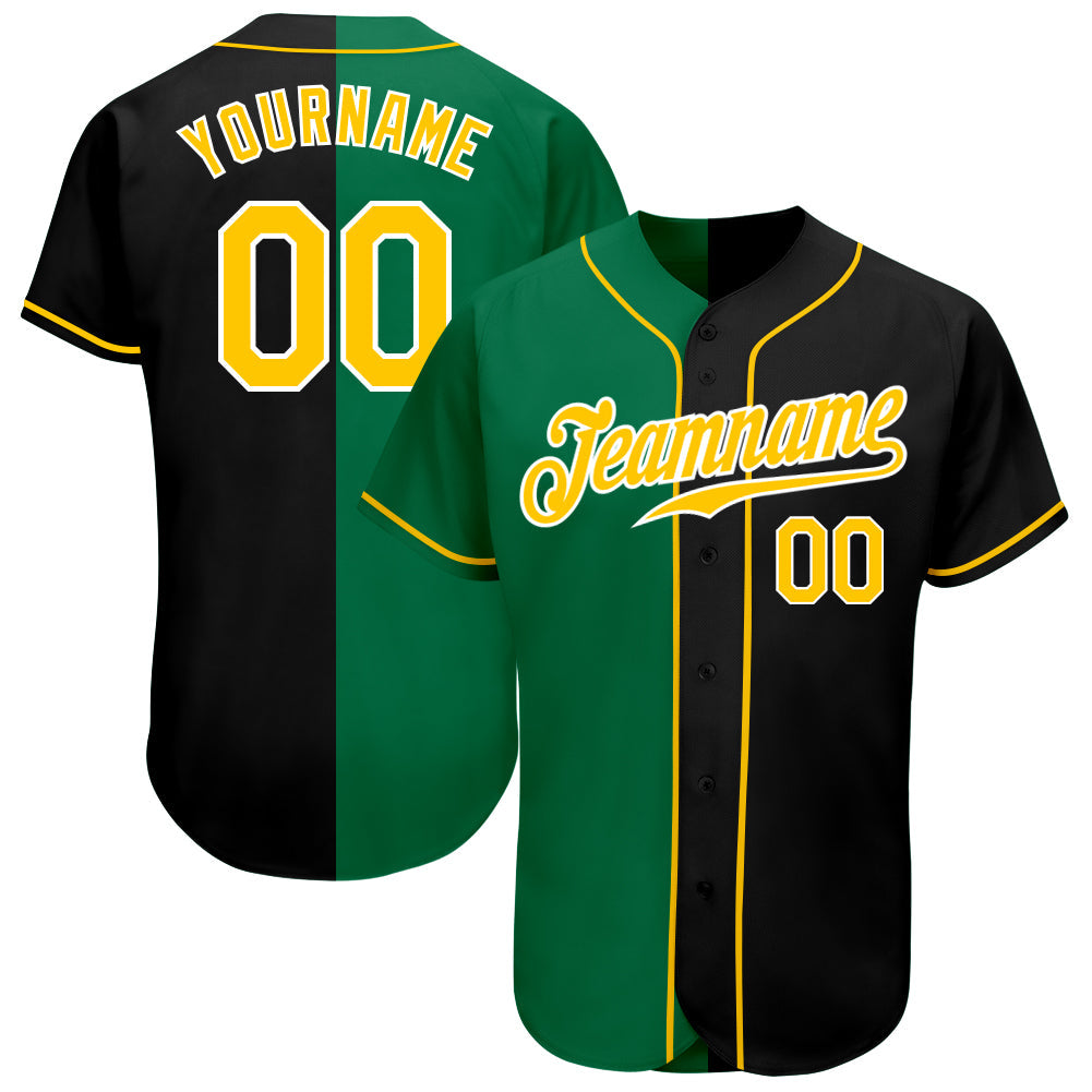 Custom Black Gold-Kelly Green Authentic Split Fashion Baseball Jersey - Main View