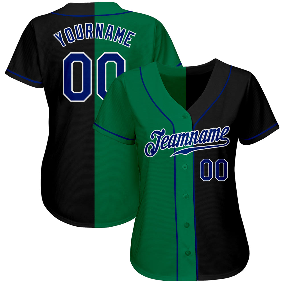 Custom Black Royal-Kelly Green Authentic Split Fashion Baseball Jersey view 2
