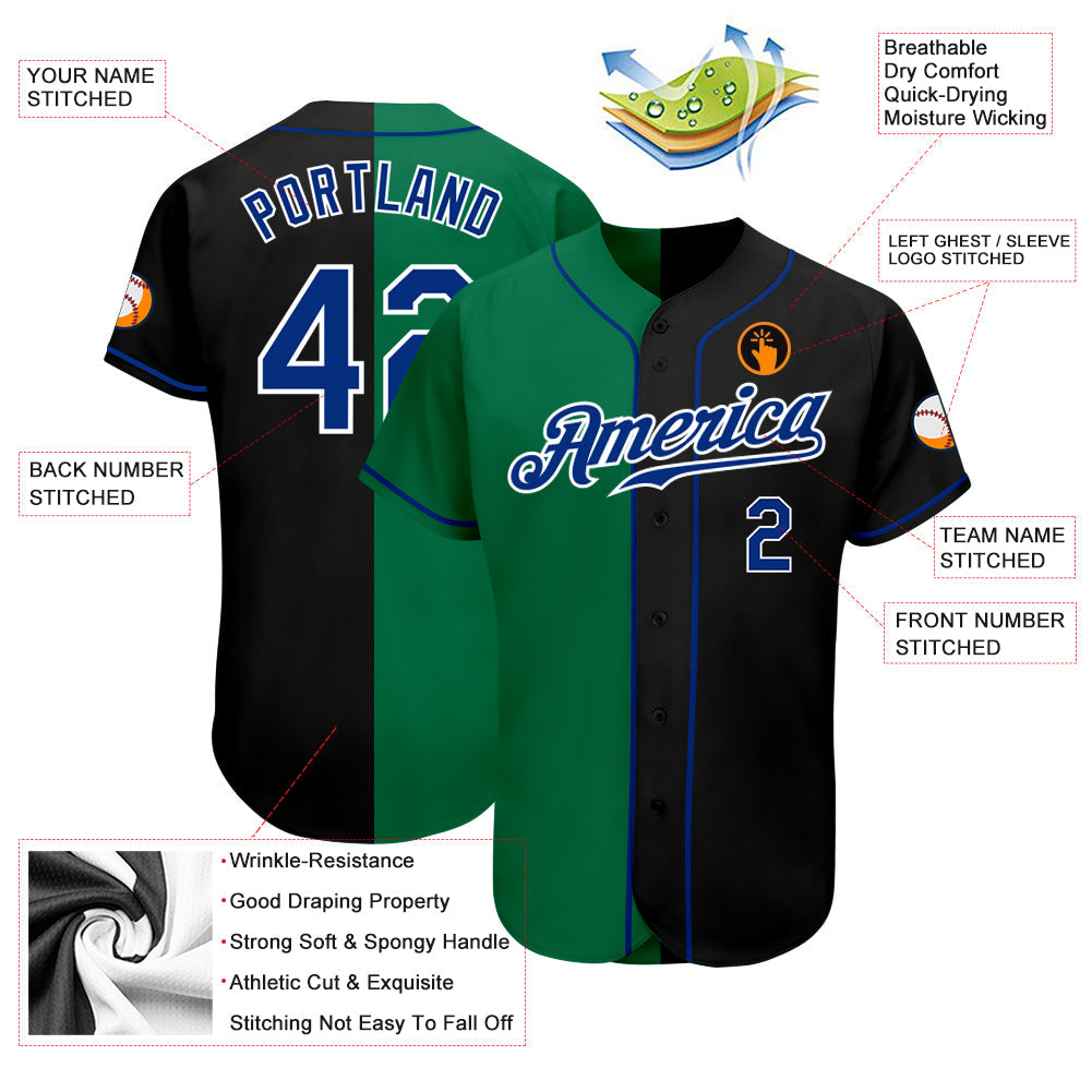 Custom Black Royal-Kelly Green Authentic Split Fashion Baseball Jersey view 3