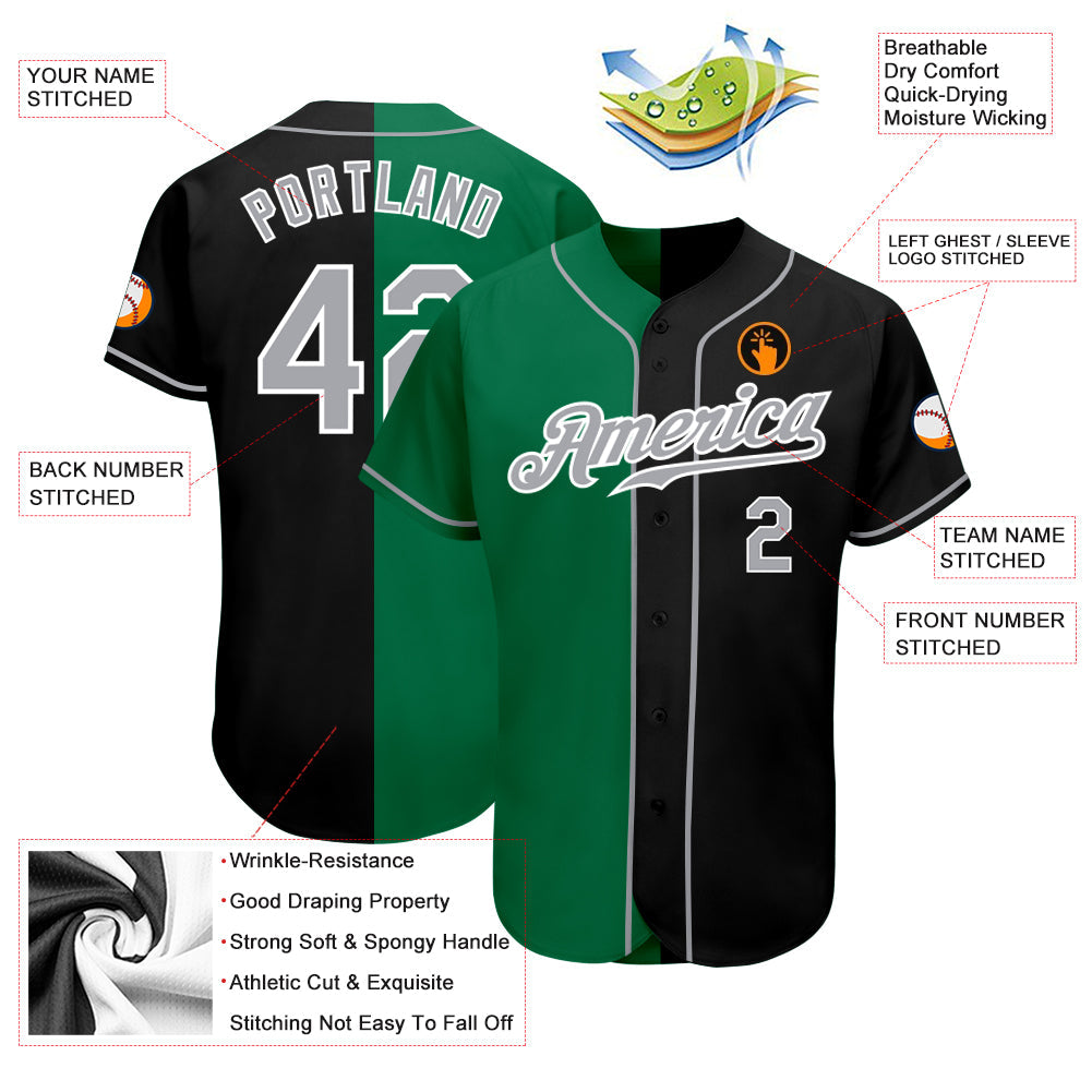 Custom Black Gray-Kelly Green Authentic Split Fashion Baseball Jersey view 3
