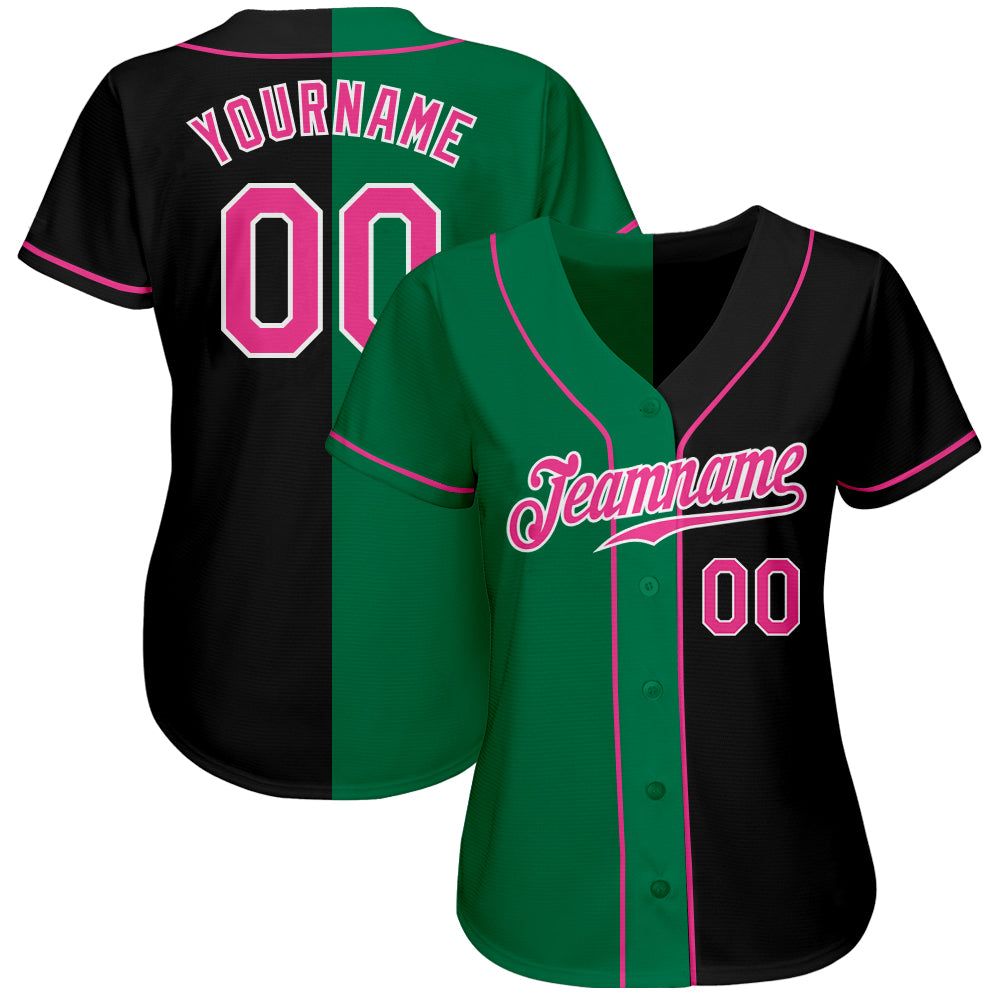 Custom Black Pink-Kelly Green Authentic Split Fashion Baseball Jersey view 2