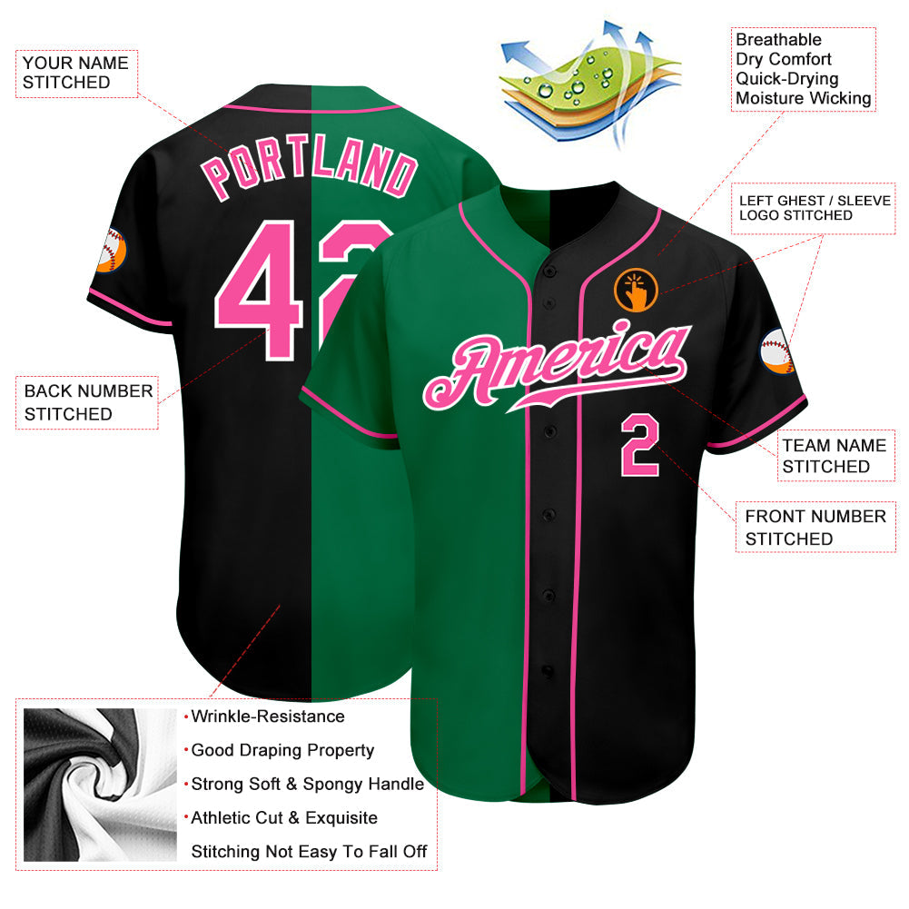 Custom Black Pink-Kelly Green Authentic Split Fashion Baseball Jersey view 3