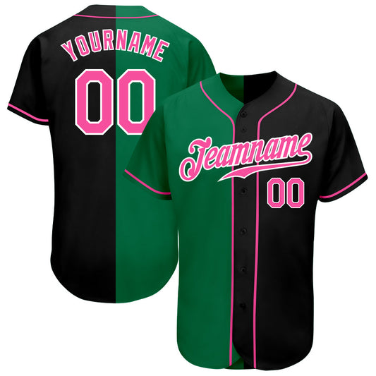 Custom Black Pink-Kelly Green Authentic Split Fashion Baseball Jersey - Main View