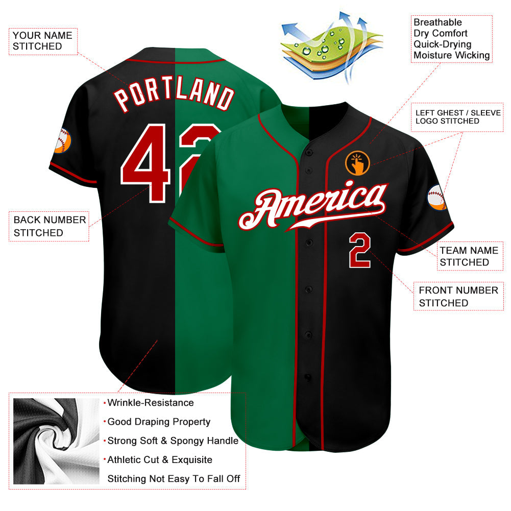 Custom Black Red-Kelly Green Authentic Split Fashion Baseball Jersey view 3