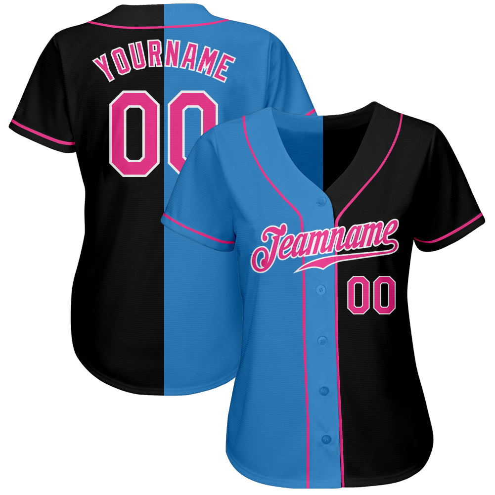 Custom Black Pink-Powder Blue Authentic Split Fashion Baseball Jersey view 2
