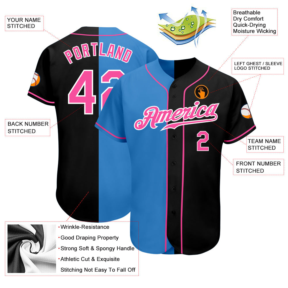 Custom Black Pink-Powder Blue Authentic Split Fashion Baseball Jersey view 3