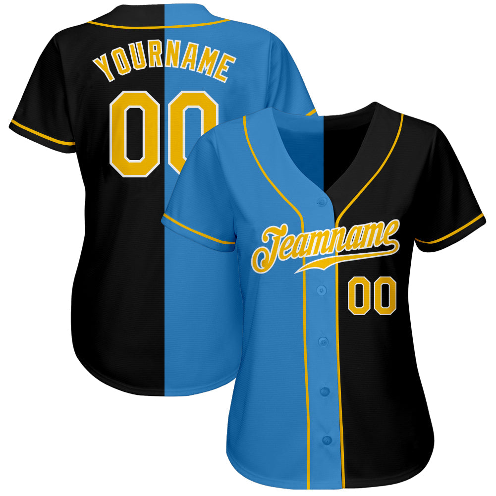 Custom Black Gold-Powder Blue Authentic Split Fashion Baseball Jersey view 2