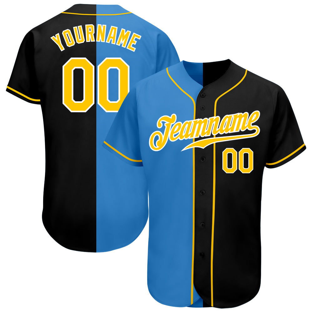Custom Black Gold-Powder Blue Authentic Split Fashion Baseball Jersey - Main View