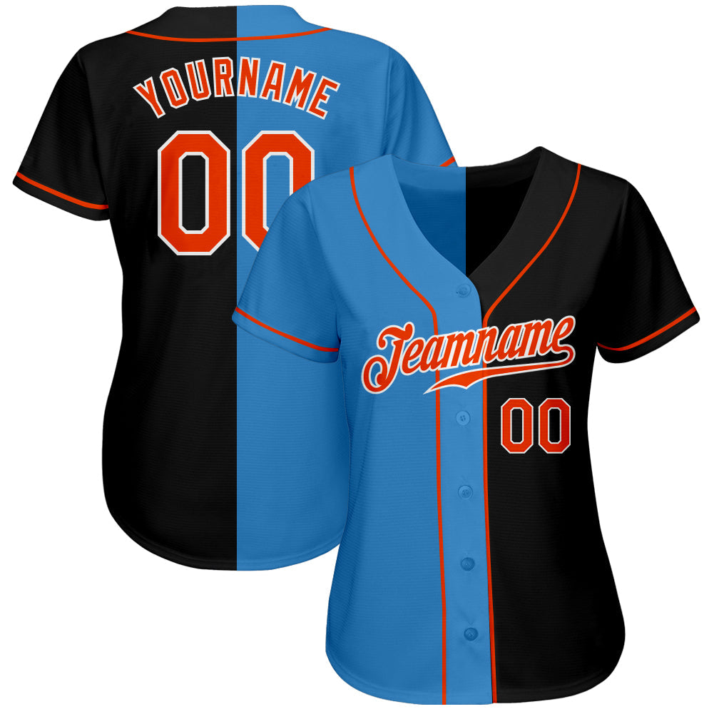 Custom Black Orange-Powder Blue Authentic Split Fashion Baseball Jersey view 2