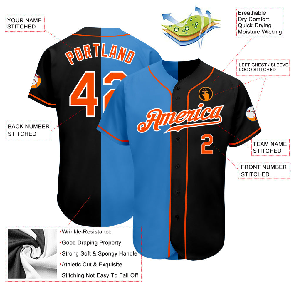 Custom Black Orange-Powder Blue Authentic Split Fashion Baseball Jersey view 3