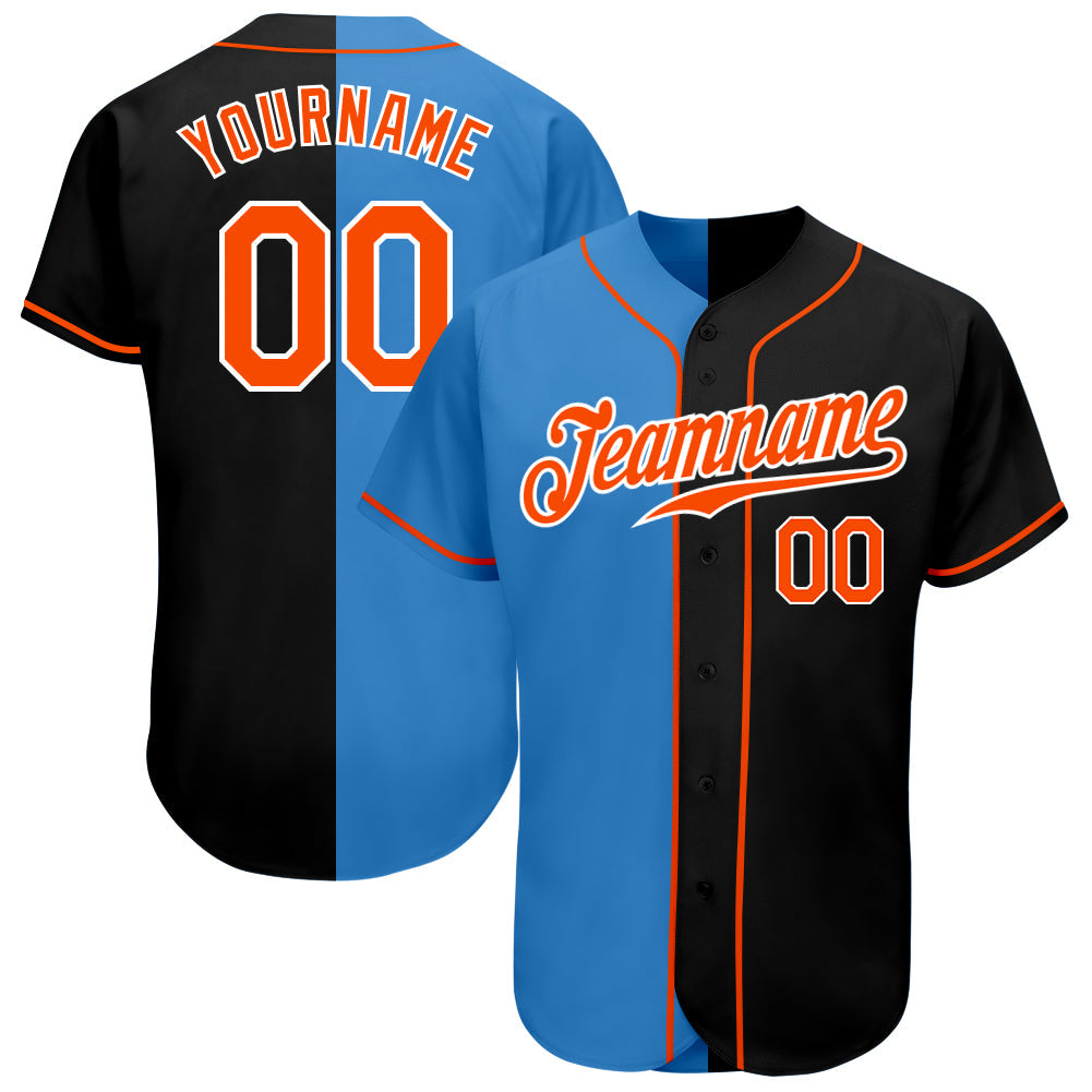 Custom Black Orange-Powder Blue Authentic Split Fashion Baseball Jersey - Main View