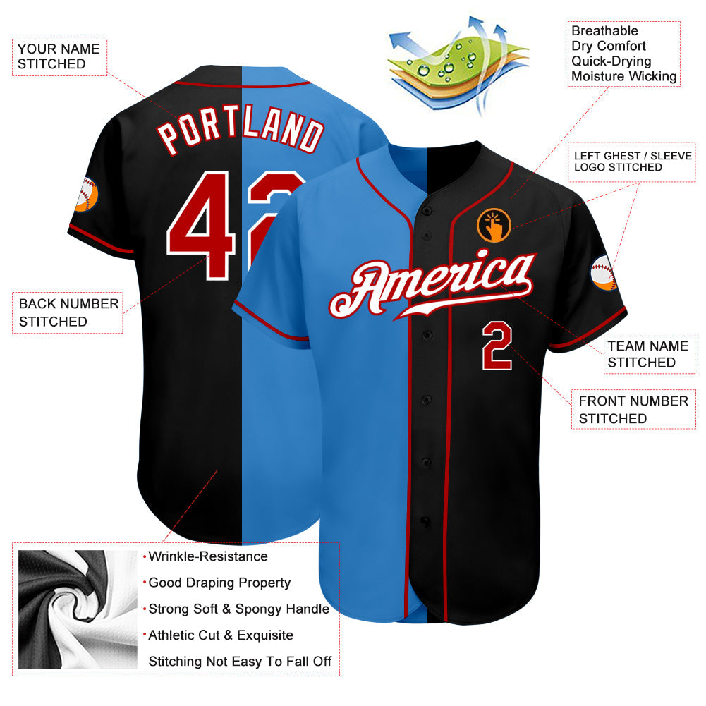 Custom Black Red-Powder Blue Authentic Split Fashion Baseball Jersey view 3