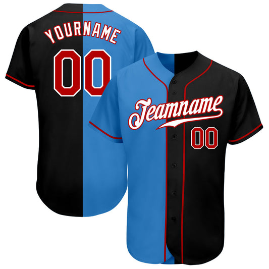 Custom Black Red-Powder Blue Authentic Split Fashion Baseball Jersey - Main View