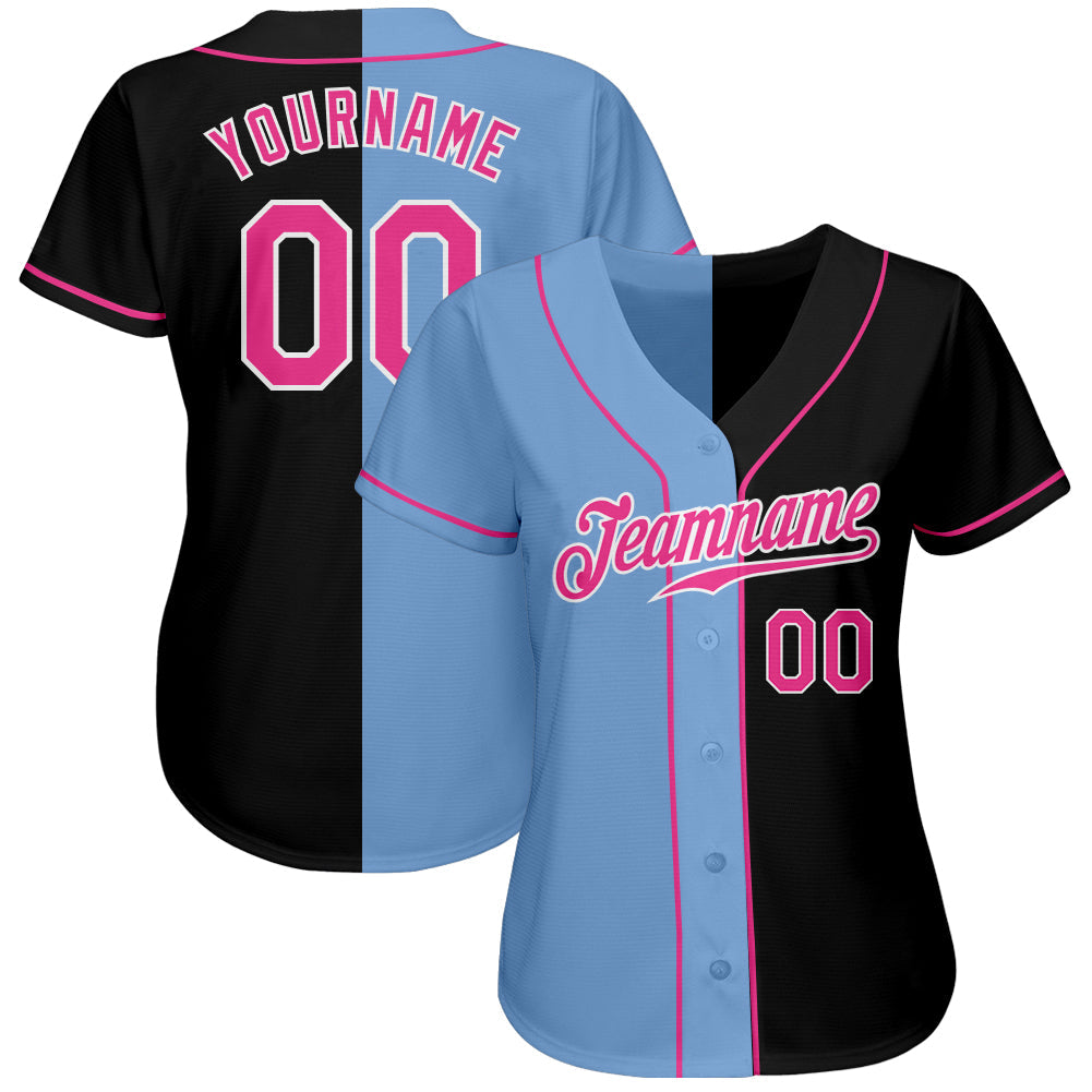 Custom Black Pink-Light Blue Authentic Split Fashion Baseball Jersey view 2