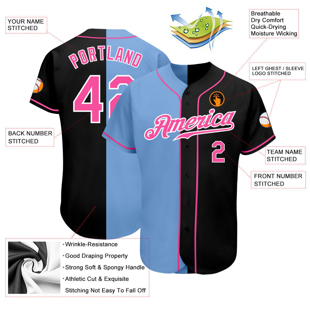 Custom Black Pink-Light Blue Authentic Split Fashion Baseball Jersey view 3