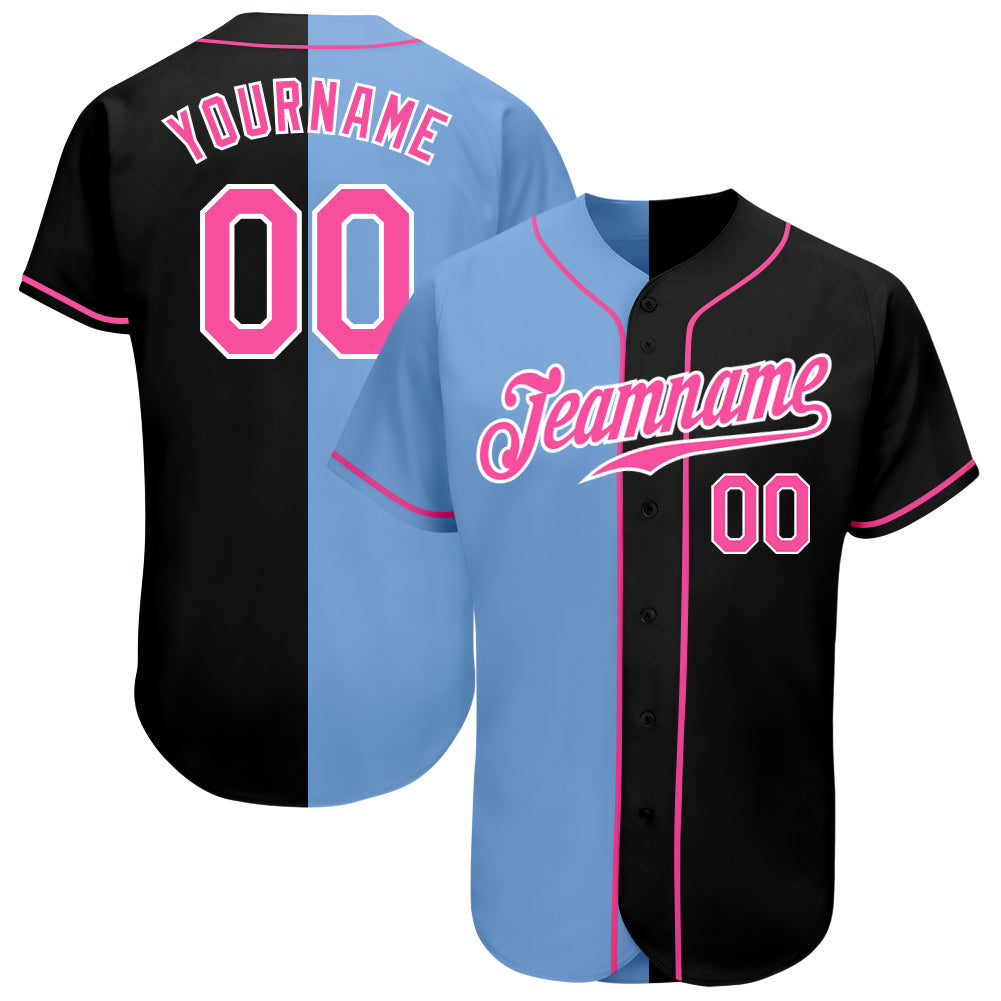 Custom Black Pink-Light Blue Authentic Split Fashion Baseball Jersey - Main View