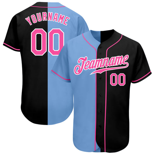 Custom Black Pink-Light Blue Authentic Split Fashion Baseball Jersey - Main View
