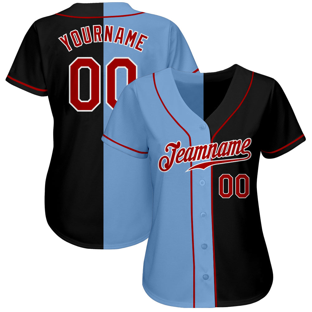 Custom Black Red-Light Blue Authentic Split Fashion Baseball Jersey view 2