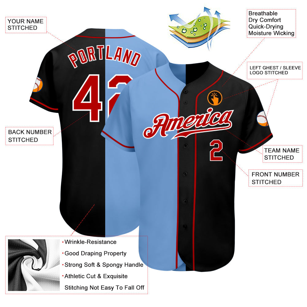 Custom Black Red-Light Blue Authentic Split Fashion Baseball Jersey view 3