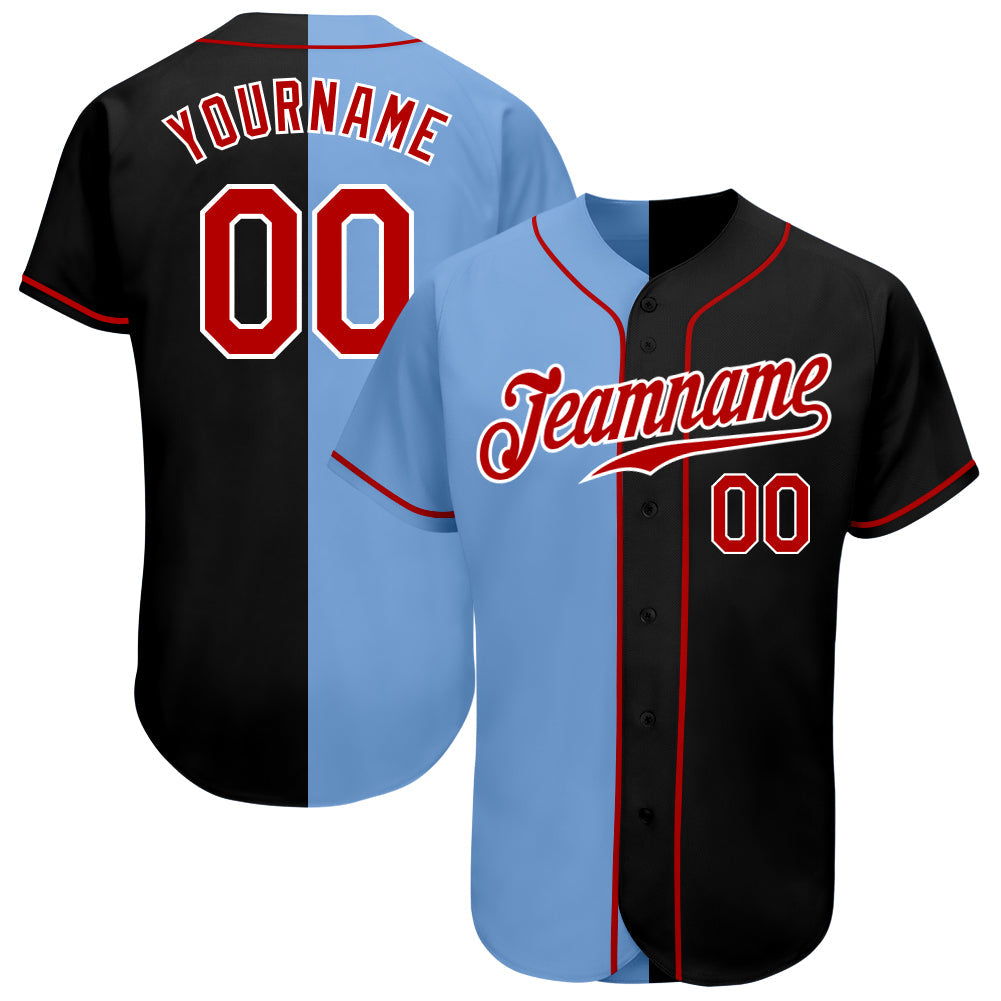 Custom Black Red-Light Blue Authentic Split Fashion Baseball Jersey - Main View