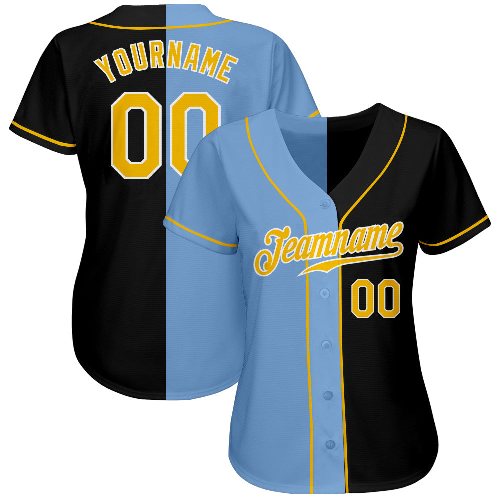 Custom Black Gold-Light Blue Authentic Split Fashion Baseball Jersey view 2