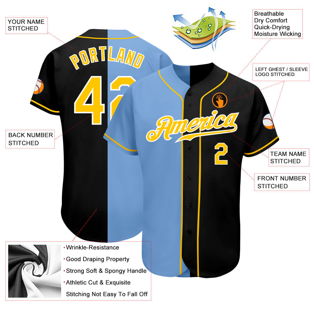 Custom Black Gold-Light Blue Authentic Split Fashion Baseball Jersey view 3