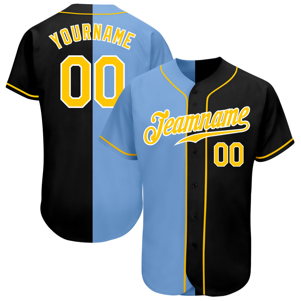 Custom Black Gold-Light Blue Authentic Split Fashion Baseball Jersey - Main View