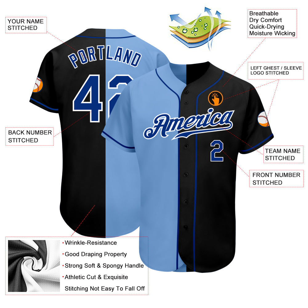 Custom Black Royal-Light Blue Authentic Split Fashion Baseball Jersey view 3