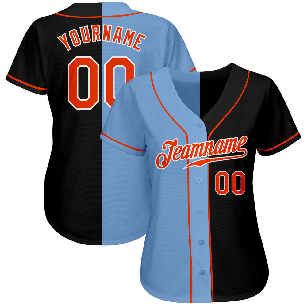 Custom Black Orange-Light Blue Authentic Split Fashion Baseball Jersey view 2
