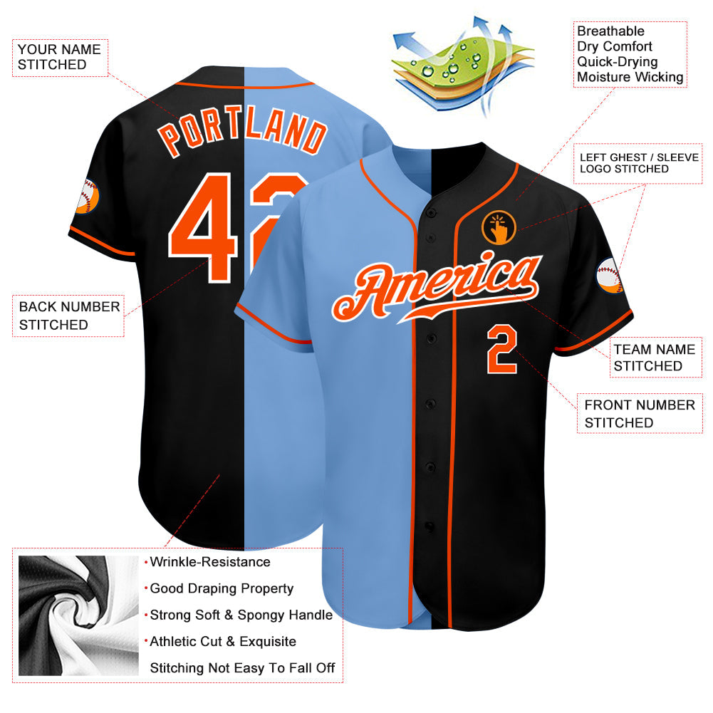 Custom Black Orange-Light Blue Authentic Split Fashion Baseball Jersey view 3