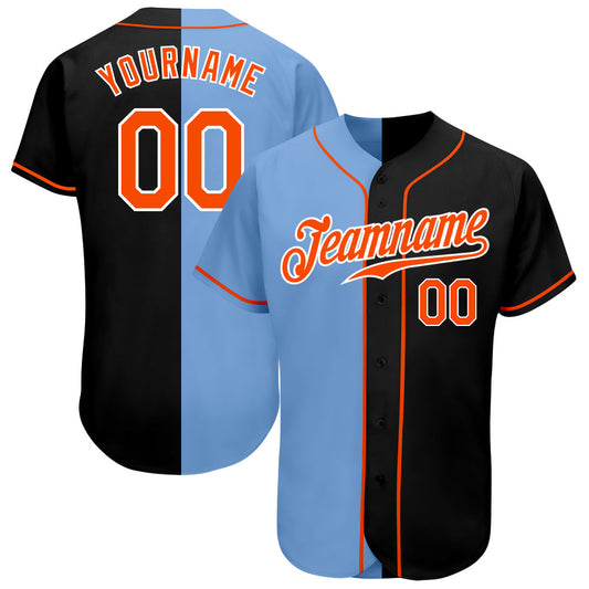 Custom Black Orange-Light Blue Authentic Split Fashion Baseball Jersey - Main View