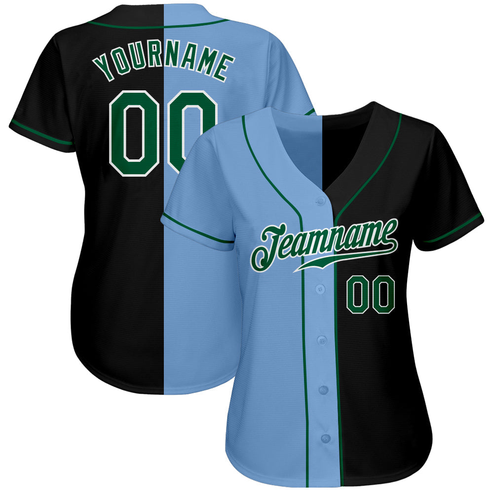 Custom Black Kelly Green-Light Blue Authentic Split Fashion Baseball Jersey view 2