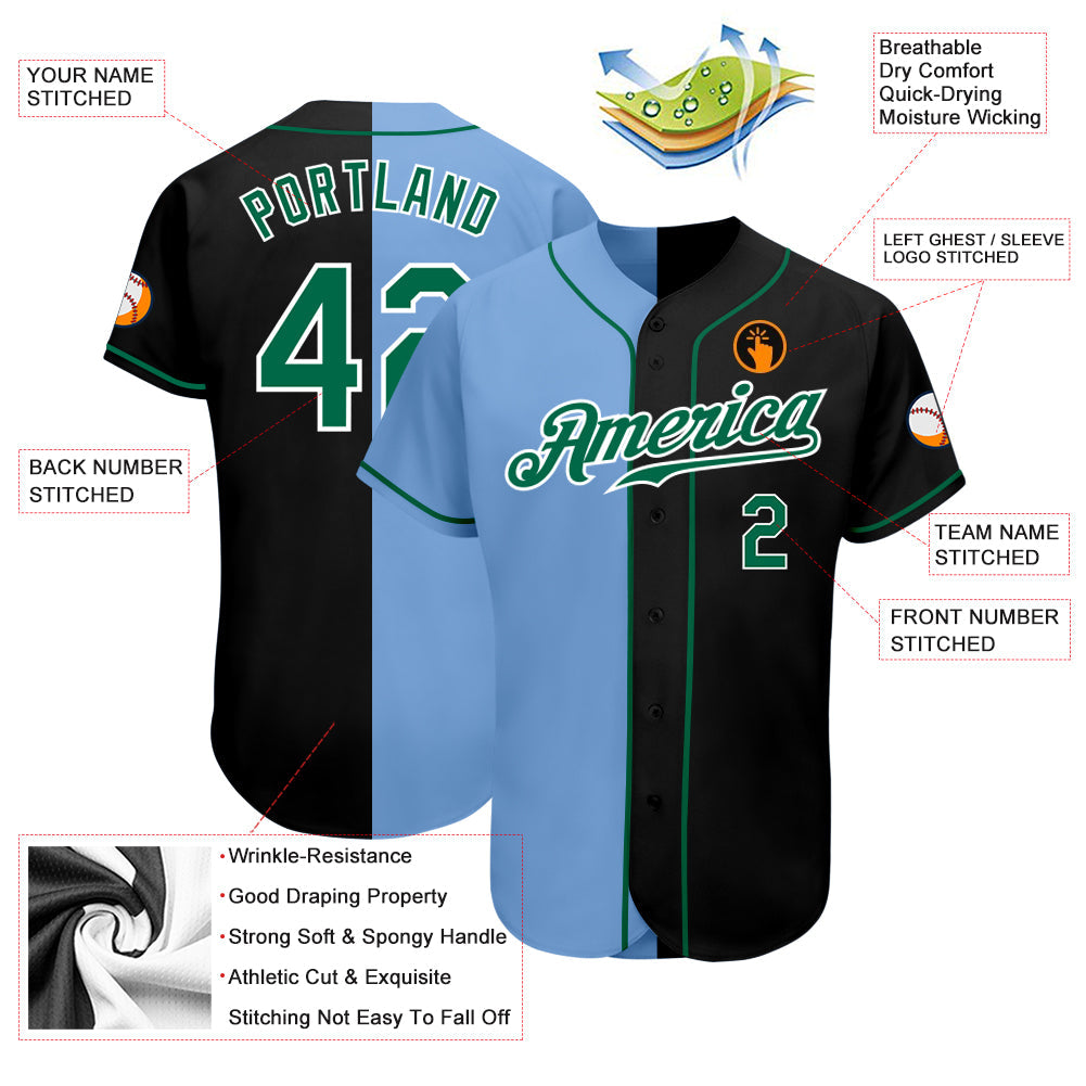 Custom Black Kelly Green-Light Blue Authentic Split Fashion Baseball Jersey view 3
