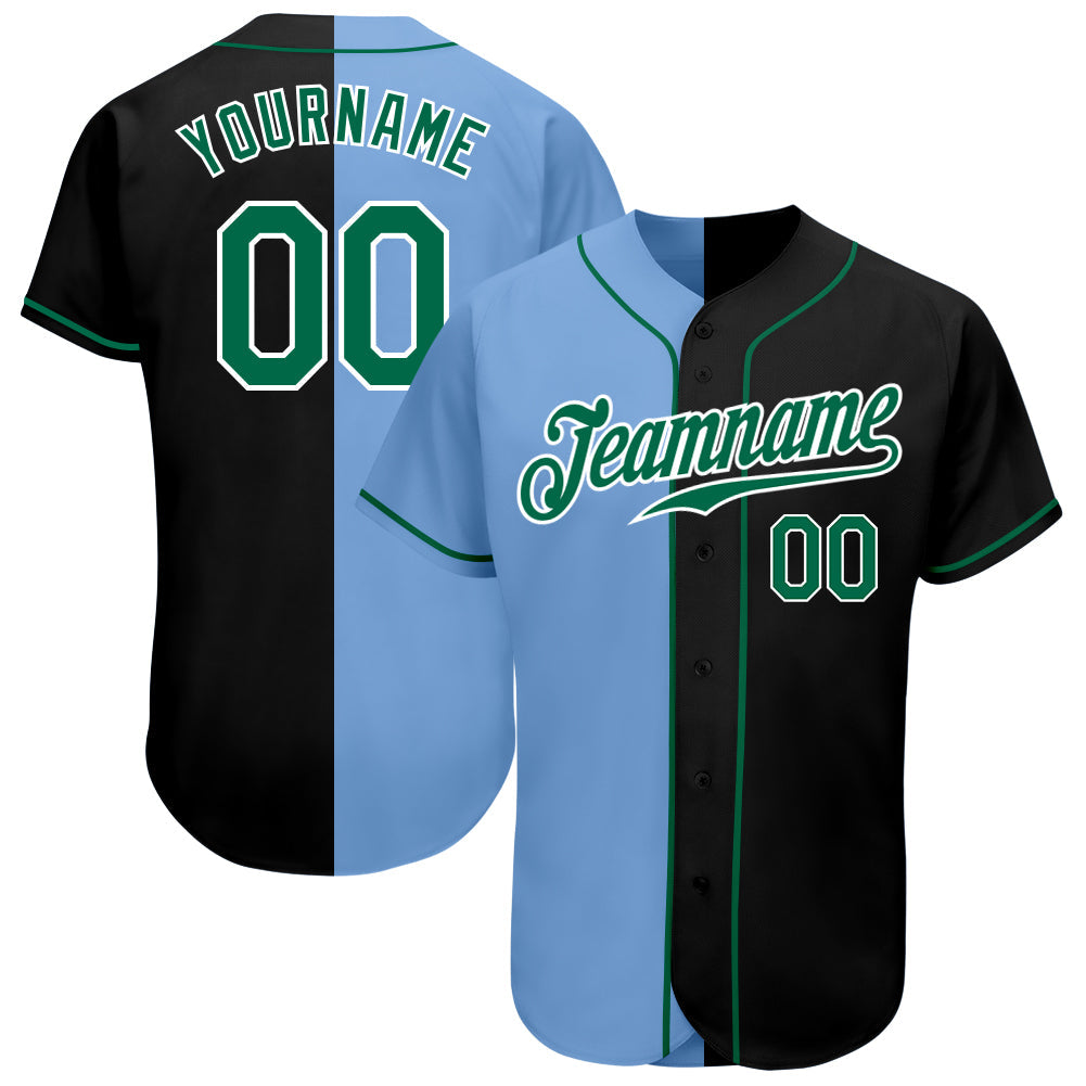 Custom Black Kelly Green-Light Blue Authentic Split Fashion Baseball Jersey - Main View