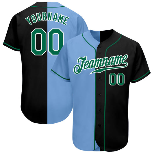 Custom Black Kelly Green-Light Blue Authentic Split Fashion Baseball Jersey - Main View