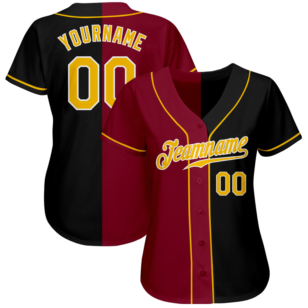 Custom Black Gold-Crimson Authentic Split Fashion Baseball Jersey view 2