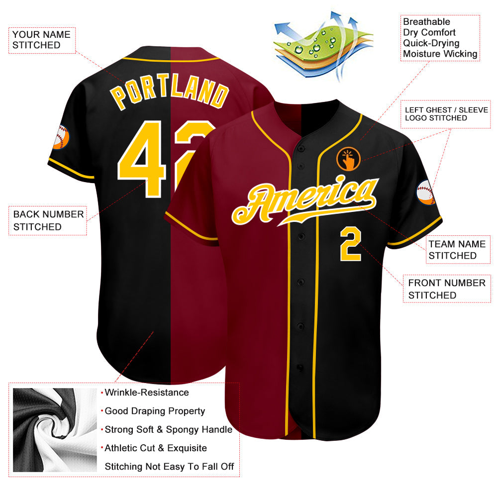 Custom Black Gold-Crimson Authentic Split Fashion Baseball Jersey view 3