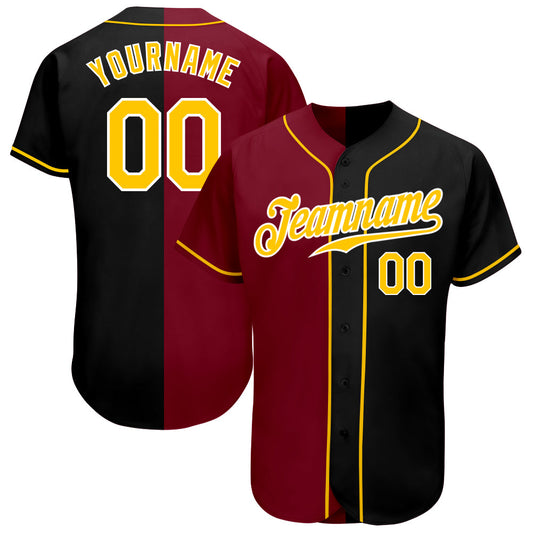 Custom Black Gold-Crimson Authentic Split Fashion Baseball Jersey - Main View