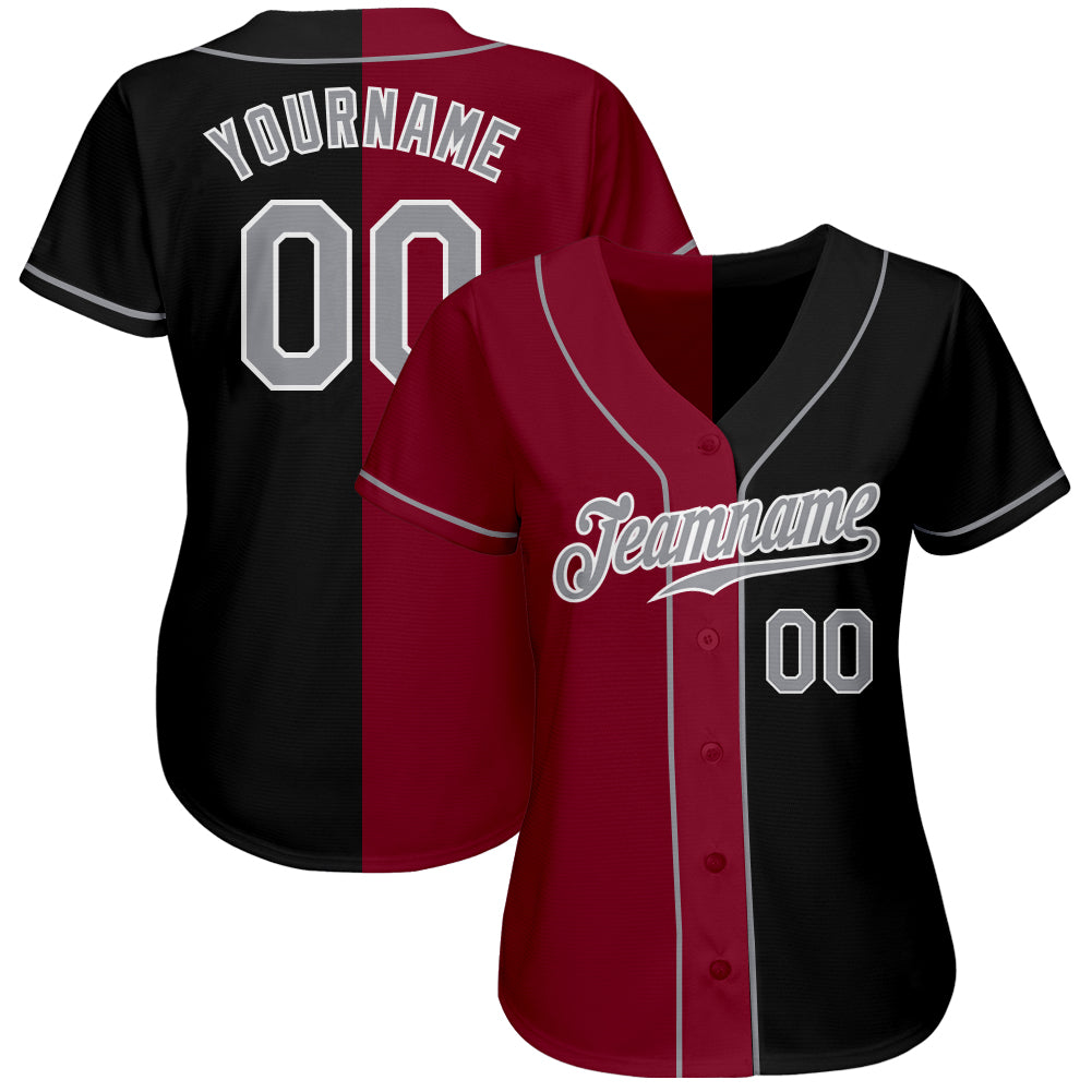 Custom Black Gray-Crimson Authentic Split Fashion Baseball Jersey view 2