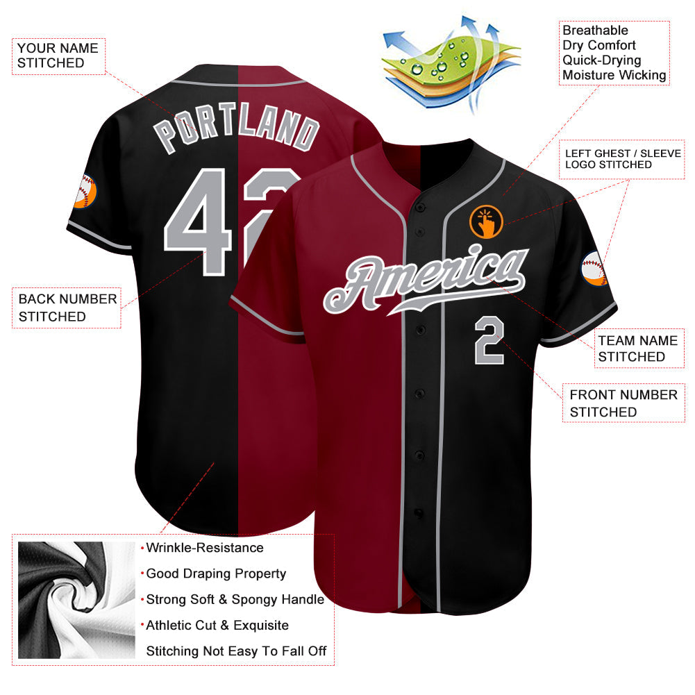 Custom Black Gray-Crimson Authentic Split Fashion Baseball Jersey view 3