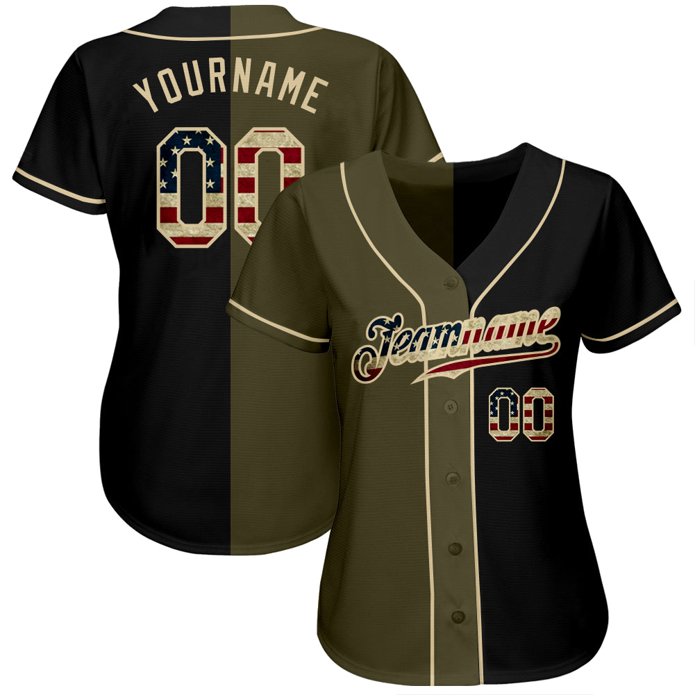 Custom Black Vintage USA Flag-Olive Authentic Split Fashion Baseball Jersey view 2