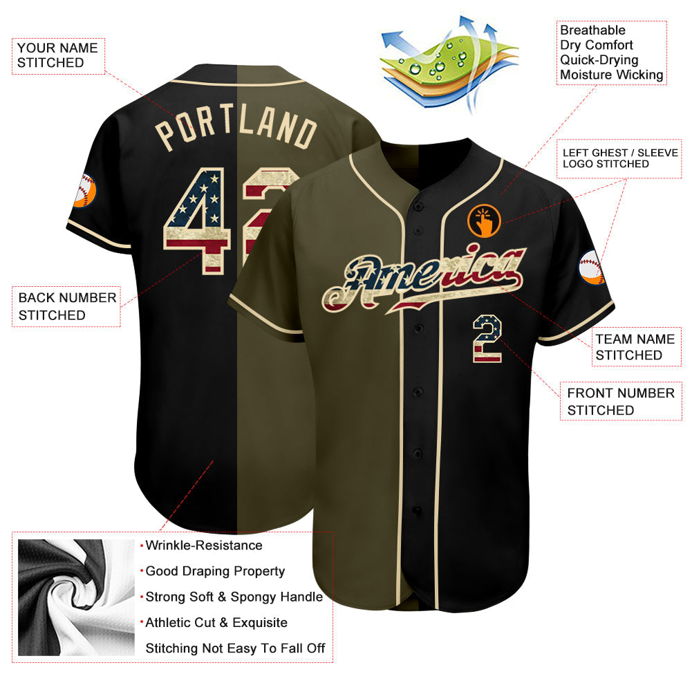 Custom Black Vintage USA Flag-Olive Authentic Split Fashion Baseball Jersey view 3