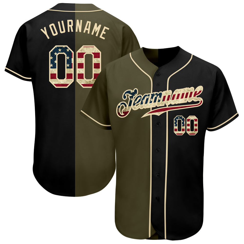 Custom Black Vintage USA Flag-Olive Authentic Split Fashion Baseball Jersey - Main View