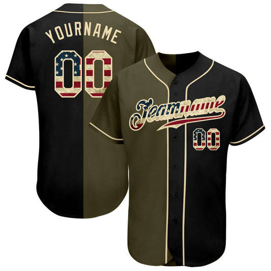 Custom Black Vintage USA Flag-Olive Authentic Split Fashion Baseball Jersey - Main View