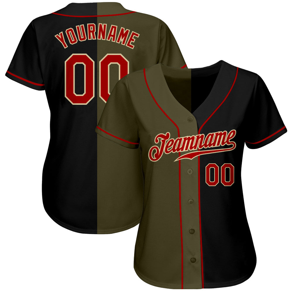 Custom Black Red-Olive Authentic Split Fashion Baseball Jersey view 2