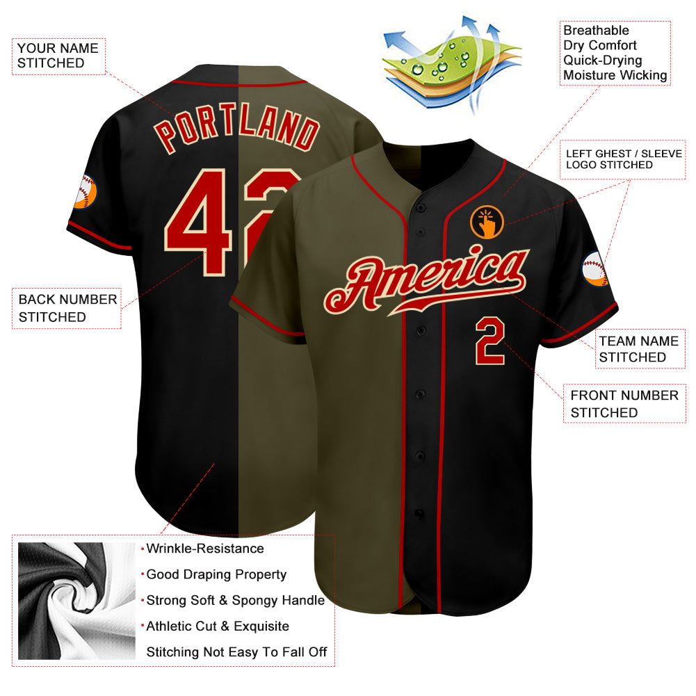 Custom Black Red-Olive Authentic Split Fashion Baseball Jersey view 3