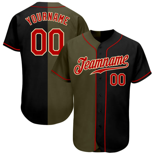 Custom Black Red-Olive Authentic Split Fashion Baseball Jersey - Main View
